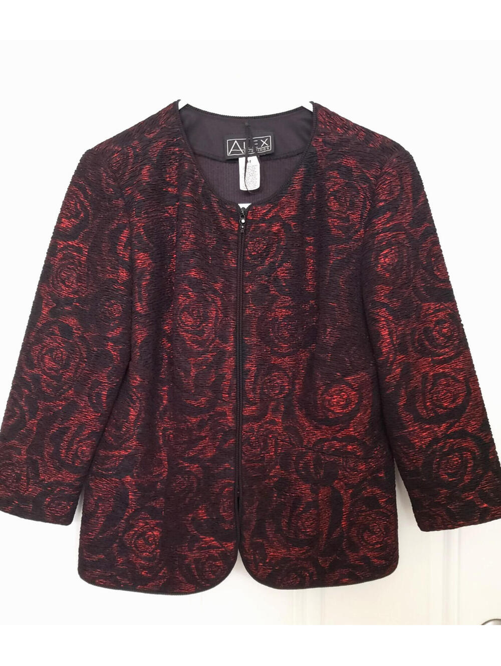 Jacket Alex Evenings jacquard fabric raised red and black floral pattern Size M
